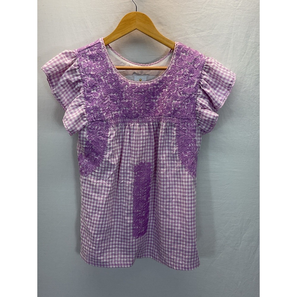 J Marie Top Womens XS Gingham Purple Blouse Embroidered Flutter Slv Spring